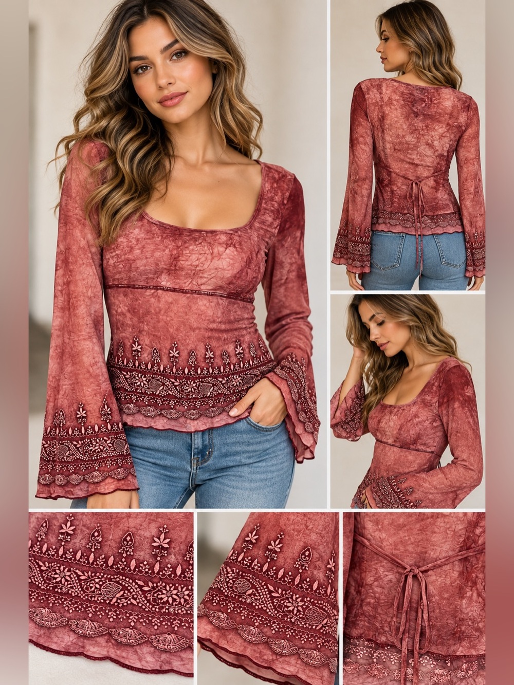 Vintage FANG USA Boho Embroidered Bell Sleeve Tie Dye Top Y2K Fairy Grunge M